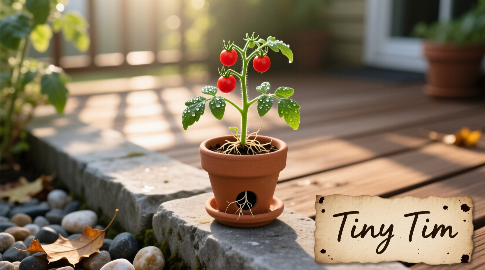 Tiny Tim tomato plant growing in container on patio