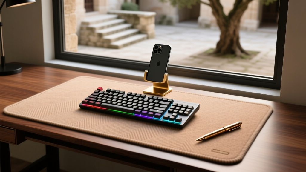 Top-down view of a merino wool desk mat organizing a mechanical keyboard, smartphone stand, and brass pen on a walnut standing desk.