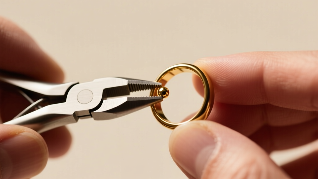 Hands using specialized steel ring-opening pliers to gently expand a 14-gauge gold captive bead ring for a cartilage piercing.