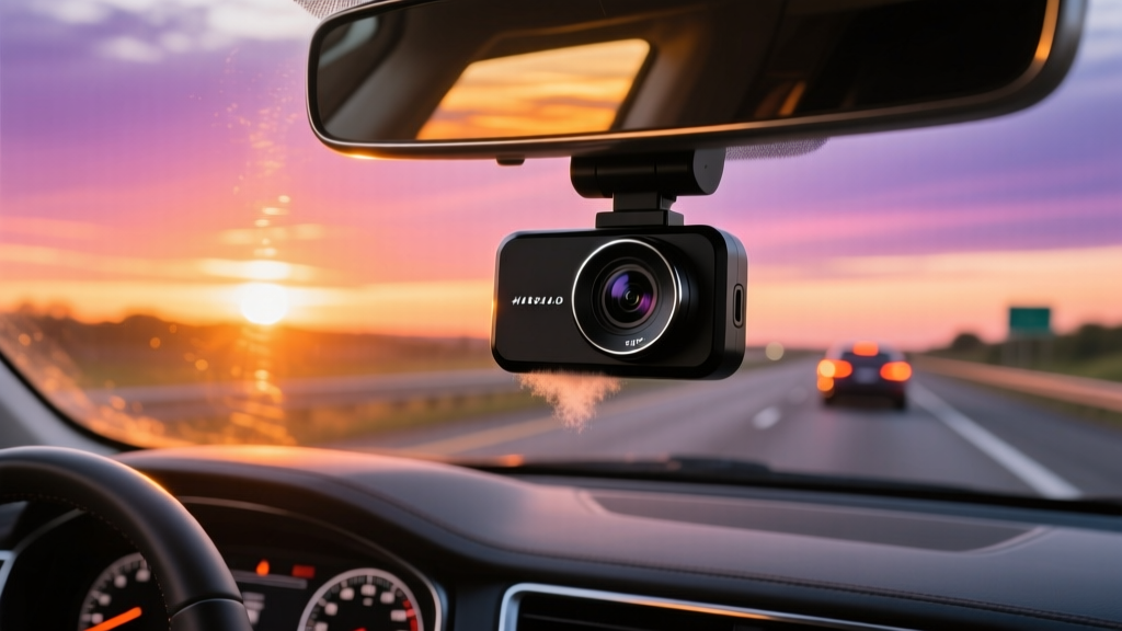 Close-up of a sleek 4K dash cam mounted on the windshield of a modern sedan, capturing a vibrant sunset highway drive with glowing dashboard dials