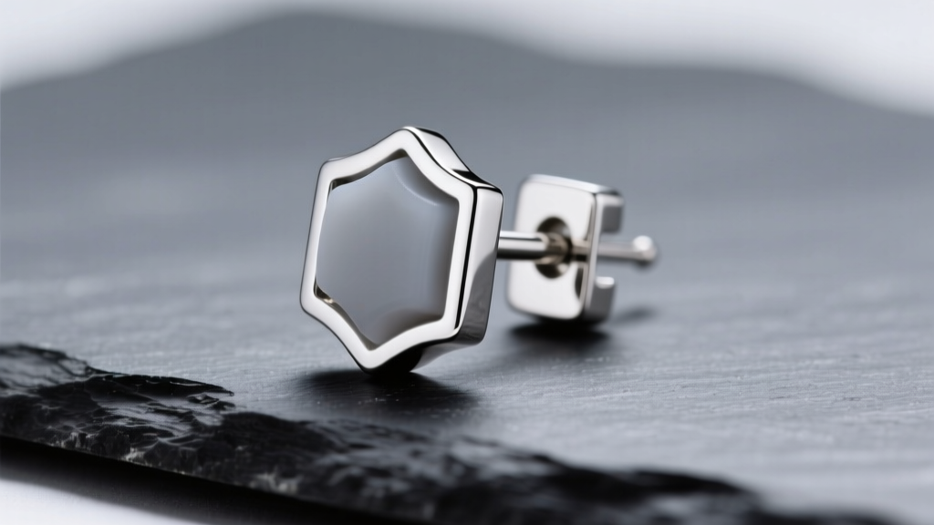 Macro shot of a platinum guardian earring back with a silicone locking insert resting on dark slate, soft studio lighting.