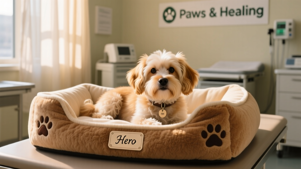 Small dog resting comfortably in a cozy recovery bed at a veterinary clinic