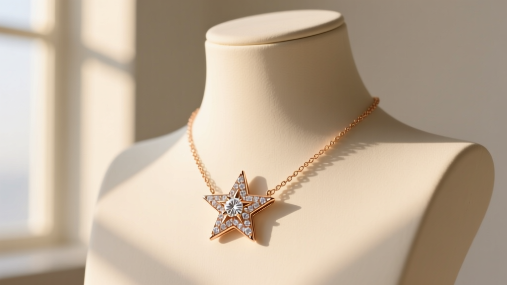 Delicate 18k rose gold star necklace with tiny bezel-set lab-grown diamonds, photographed on a mannequin neck in natural sunlight.