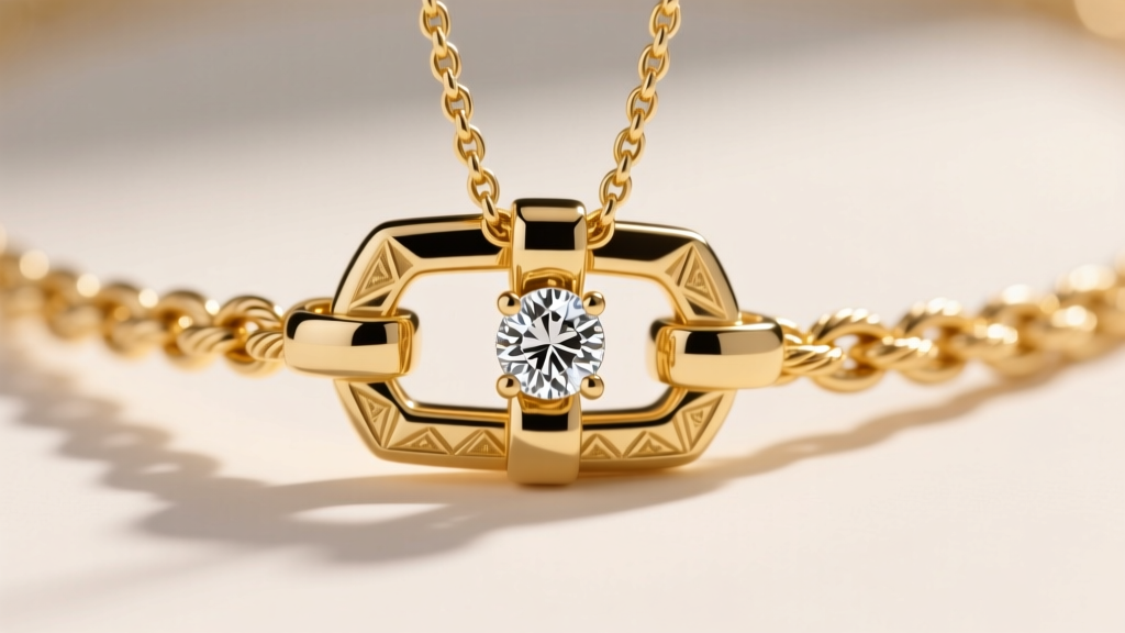 Close-up of a secure lobster clasp on a solid 14k yellow gold rope chain holding a bezel-set diamond necklace, bright natural light.