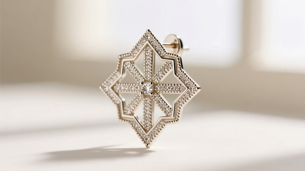 Macro photography of intricate milgrain detailing on an 18k white gold art deco earring setting, highlighting geometric symmetry.