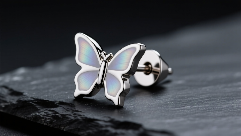 Macro shot of a titanium butterfly backing earring on dark slate, highlighting the precision friction post under studio lighting