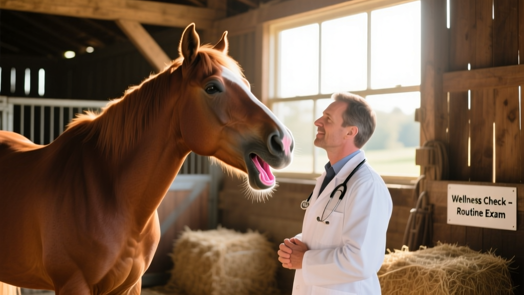 A veterinarian calmly observing a horse’s behavior during a routine wellness check