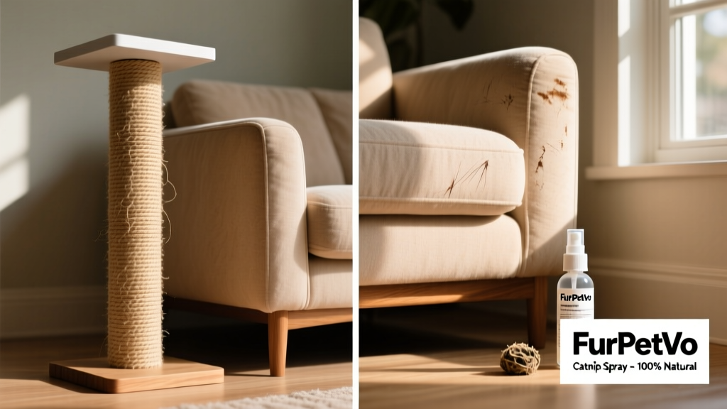 Side-by-side comparison: a FurPetVo vertical scratching post next to a sofa arm, with catnip spray bottle nearby
