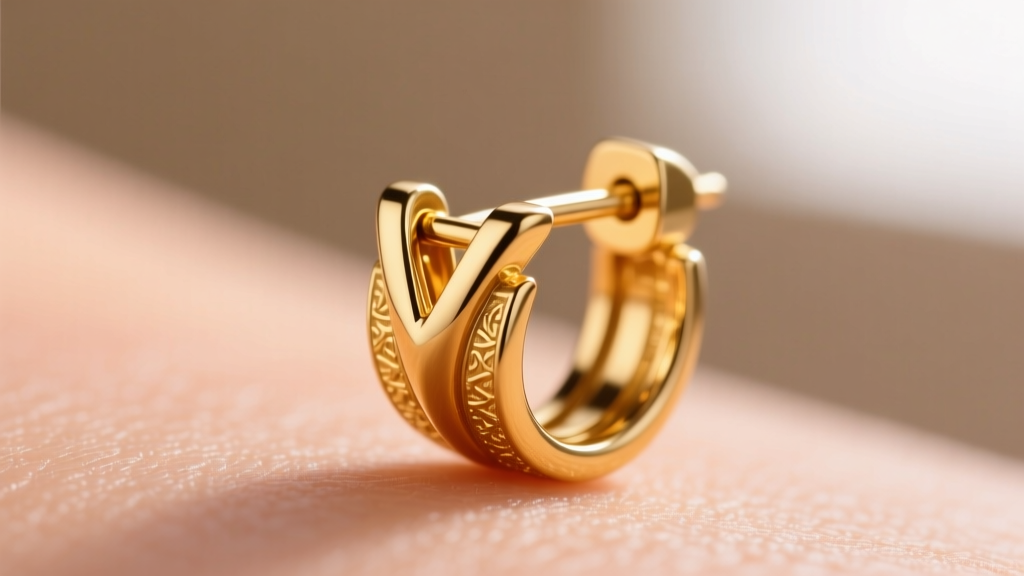 Macro shot of a 14k solid gold hinged segment sleeper earring showing the secure V-lock clasp mechanism against blurred skin.