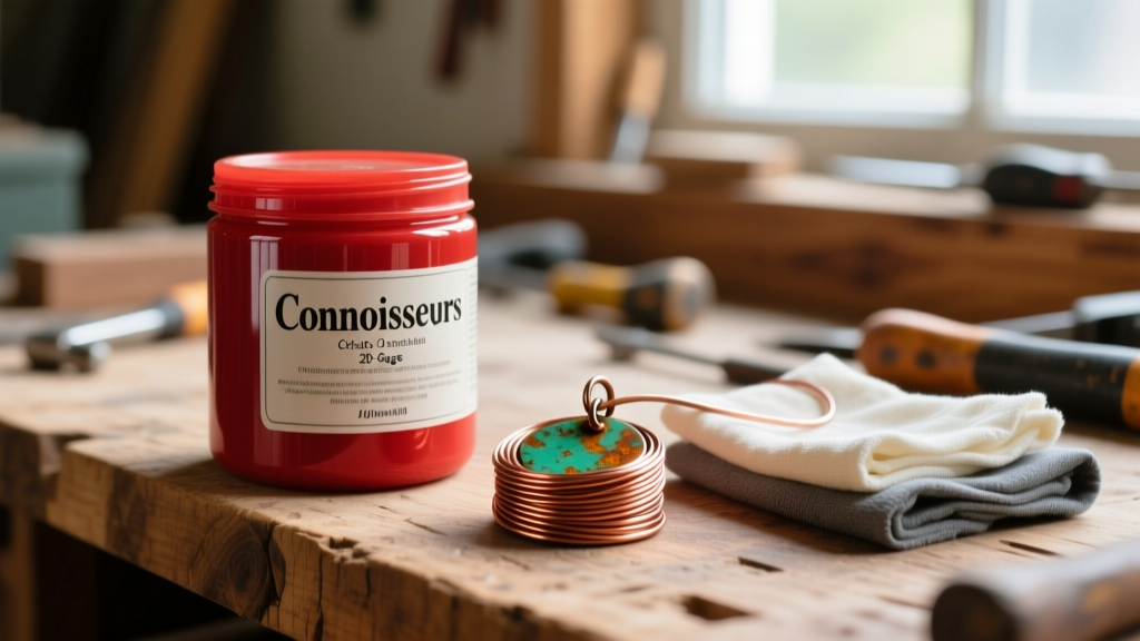 Close-up of a DIY workbench with a red Connoisseurs cleaning jar, a tarnished 20-gauge copper wire pendant, and polishing cloths.
