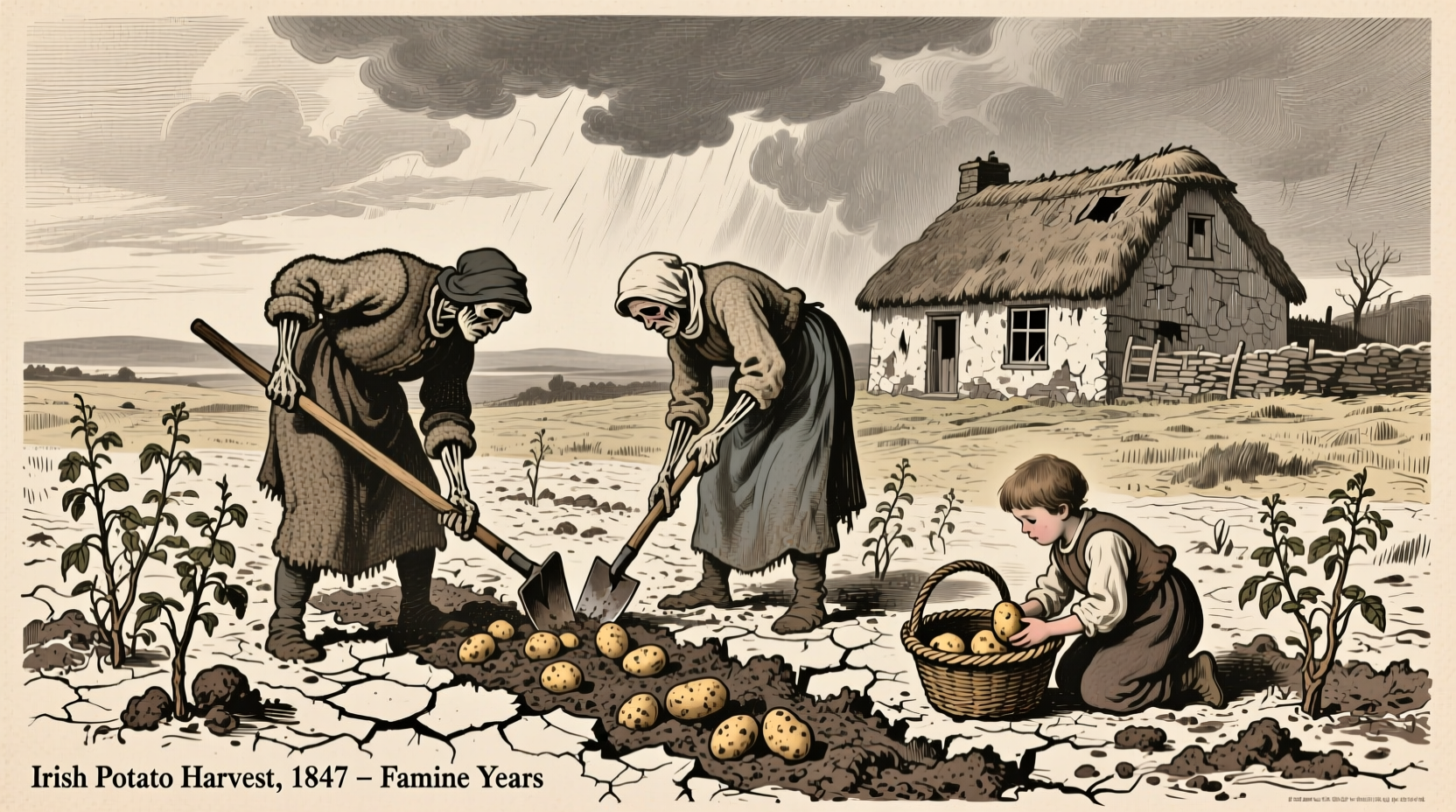 Historical illustration of Irish potato harvest during famine
