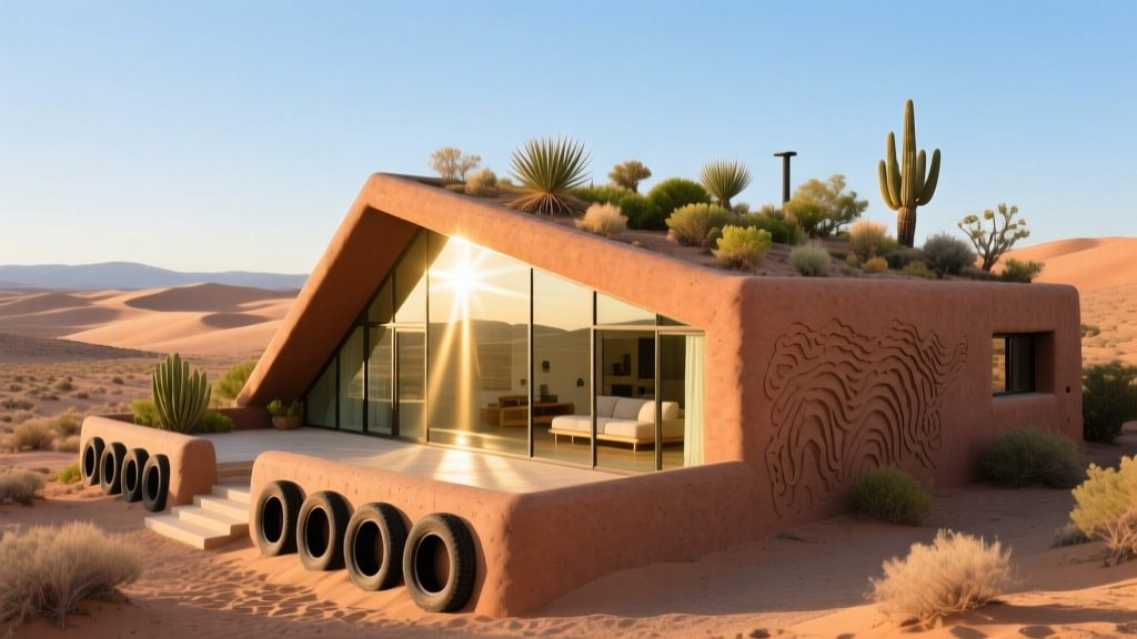 Finished earthship home with rammed-earth tire walls, angled south-facing glazing, and a living roof in a desert landscape