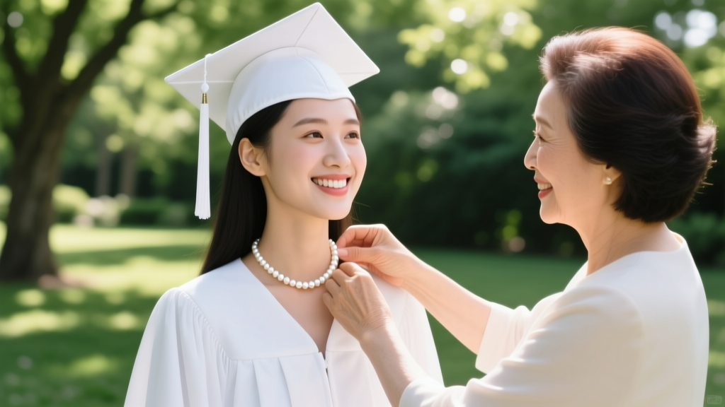 Smiling graduate in cap and gown as her mother fastens a single white freshwater pearl pendant necklace around her neck outdoors.