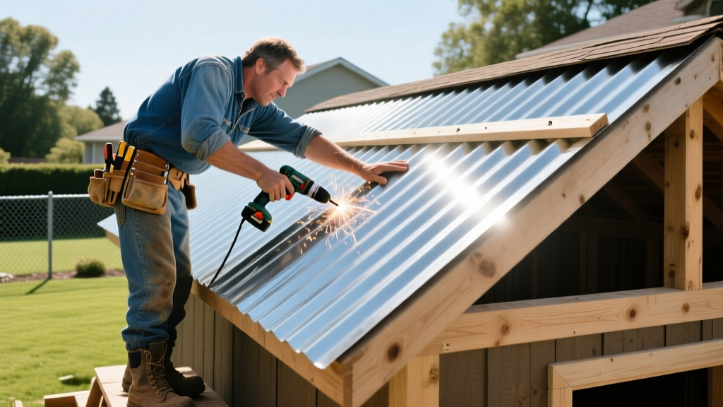 Carpenter installing 29-gauge corrugated steel panels on a low-pitch wooden shed roof framed with treated lumber in a suburban backyard