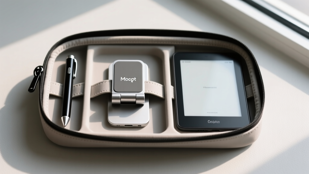 Top-down view of a backpack packing layout showing a folded Moft tablet stand, a magnetic stylus, and an e-reader neatly arranged in a compact tech organizer pouch