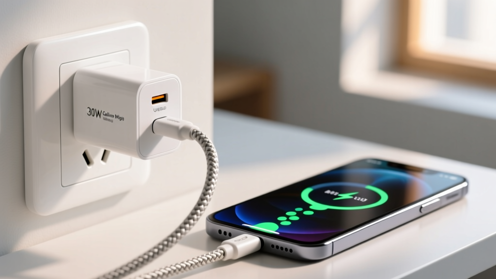 Close-up macro shot of a 30W Gallium Nitride USB-C wall charger plugged into a white outlet with a braided cable connecting to a smartphone