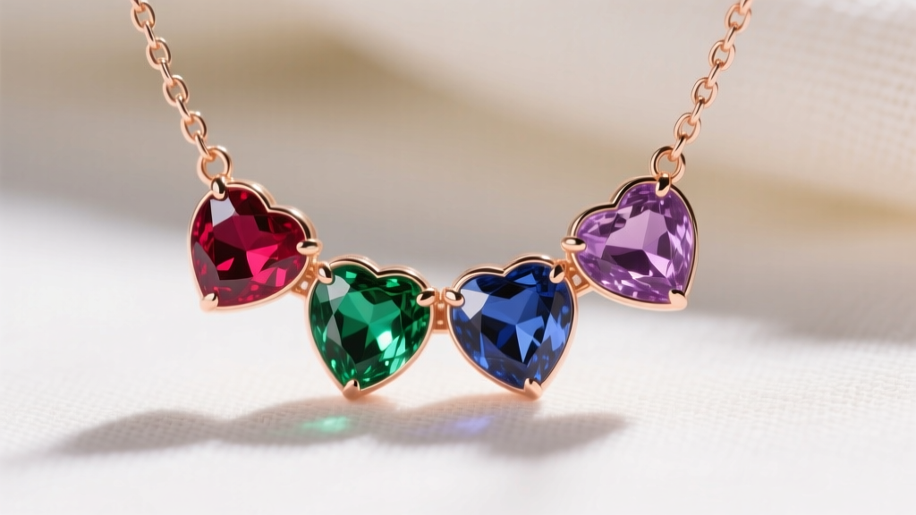 Macro shot of a four heart necklace with bezel-set ruby, emerald, sapphire, and amethyst stones on a delicate rose gold chain.