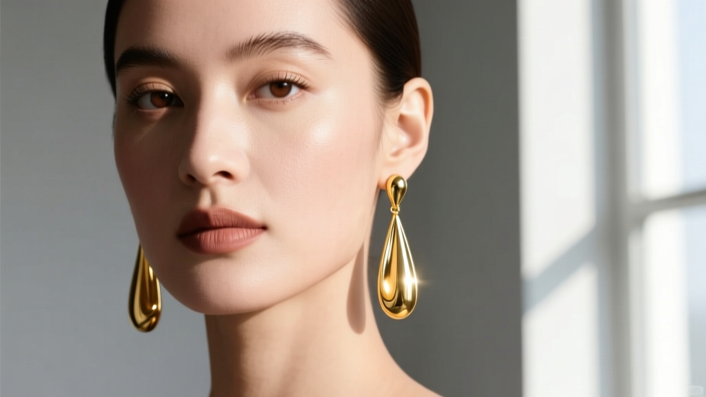 Profile of a woman wearing 18k yellow gold teardrop drop earrings, soft studio lighting highlighting the polished metal surface.