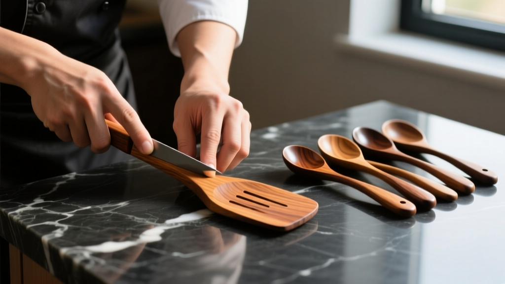 Close-up of a professional chef hand-carving a teak wood spatula next to a set of polished olive wood spoons on a dark marble countertop