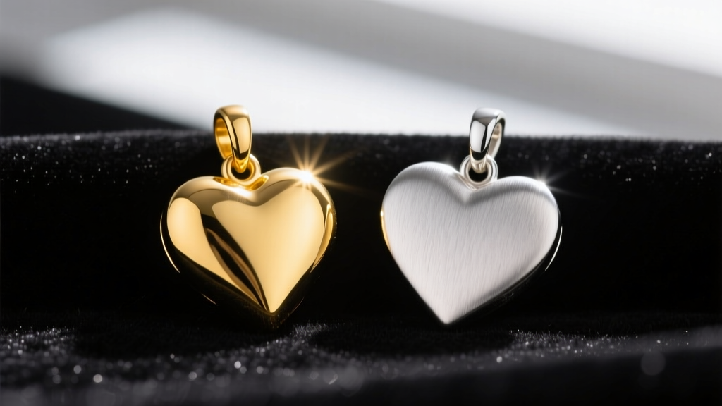 Macro comparison of a polished 14k yellow gold heart charm and a brushed 925 sterling silver heart charm resting on dark velvet.