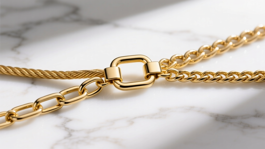 Flat lay of a gold spacer clasp connecting three different chain weaves to prevent tangling, displayed on a white marble surface.