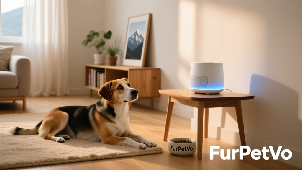 A cozy, softly lit living room with a dog resting peacefully beside a white noise machine and a small treat bowl labeled 'FurPetVo'