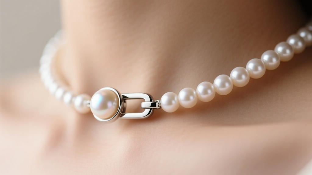 Close-up of a sleek magnetic clasp on a white pearl necklace, showing a seamless connection against bare skin in dim light