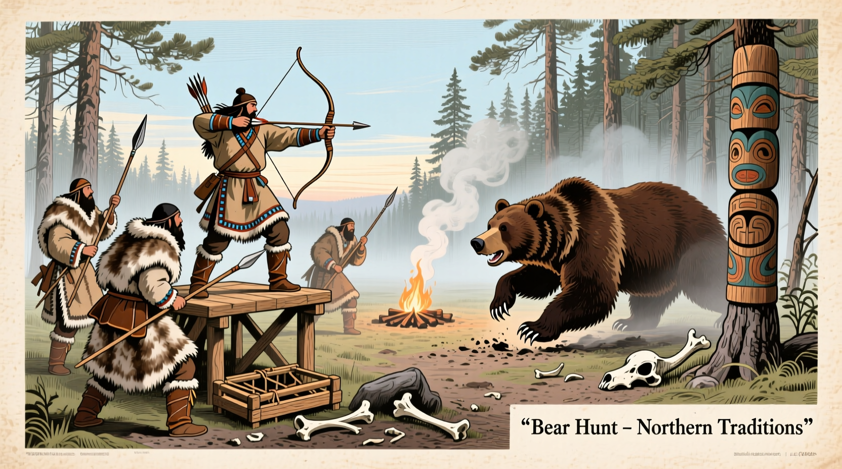 Historical illustration of bear hunting practices