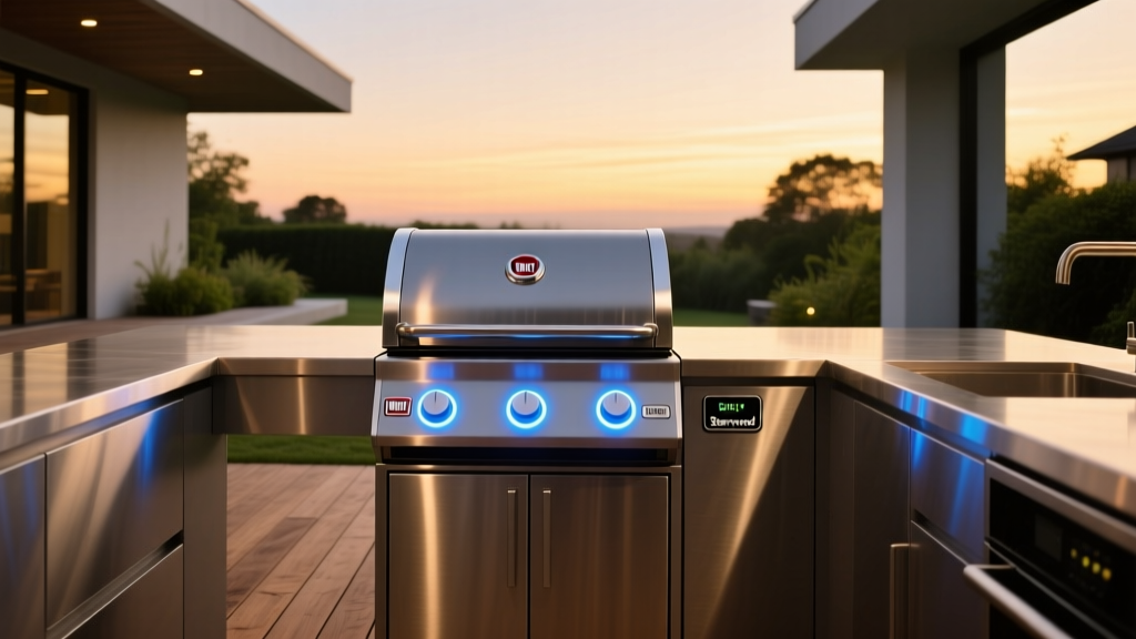 Weber Searwood smart pellet grill with glowing LED control panel in a modern outdoor kitchen at dusk with stainless steel counters