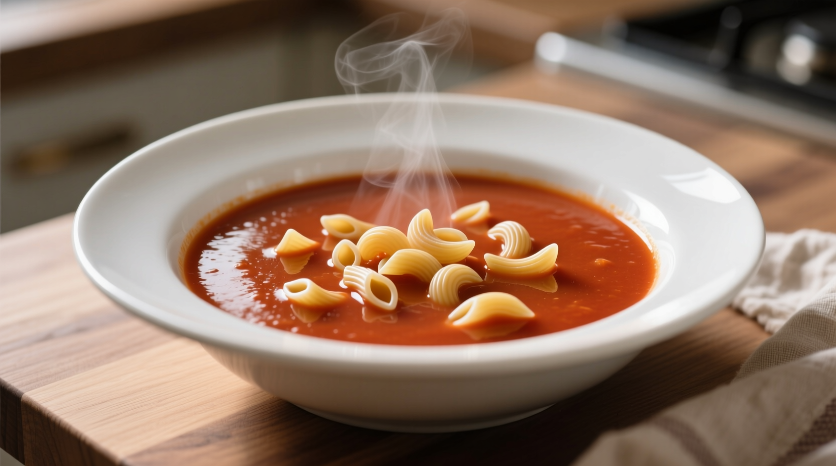 Tomato soup with small pasta shapes in white bowl