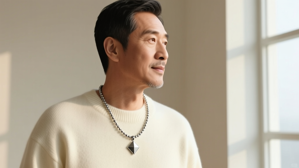 Side profile of a man in a crewneck sweater wearing a 22-inch 316L stainless steel bead chain with a small geometric pendant