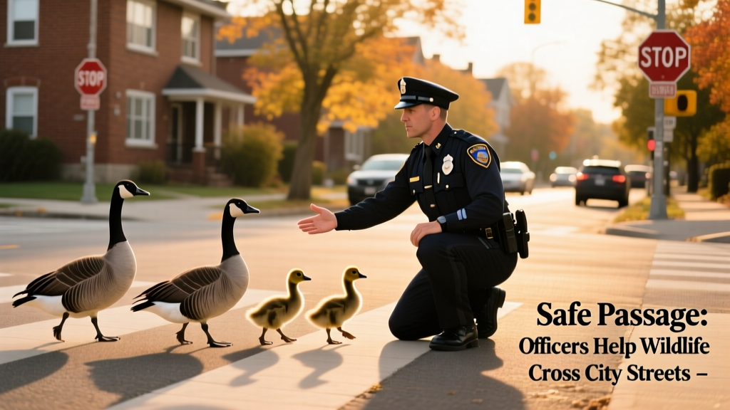 Toronto police officer gently guiding a family of Canadian geese across a city street