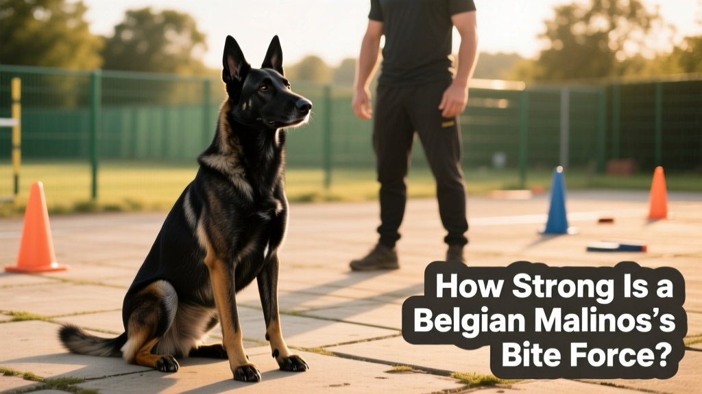 A relaxed, focused Belgian Malinois sitting attentively beside its handler in a sunlit training yard