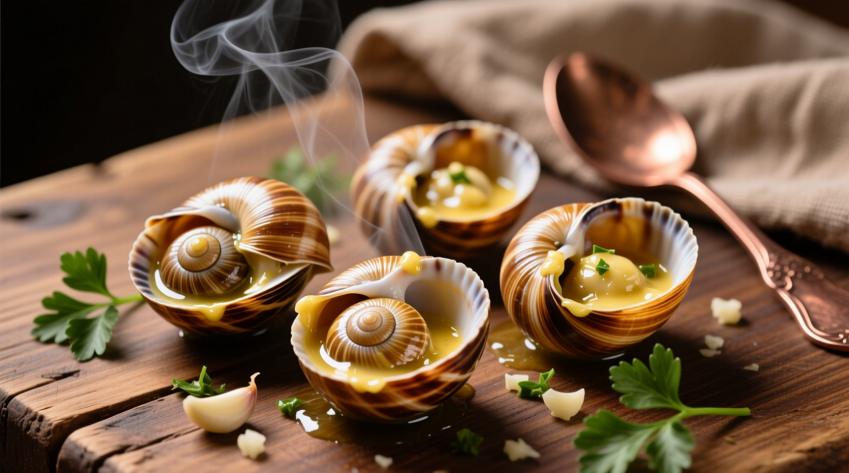 Freshly prepared escargot in shell with garlic butter