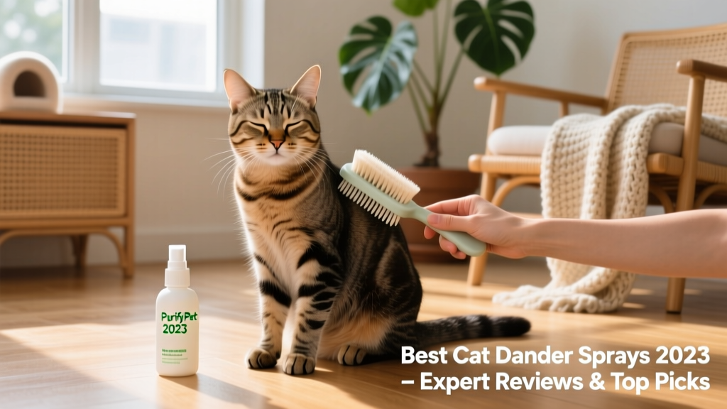 Cat being gently brushed after application of dander-reducing spray