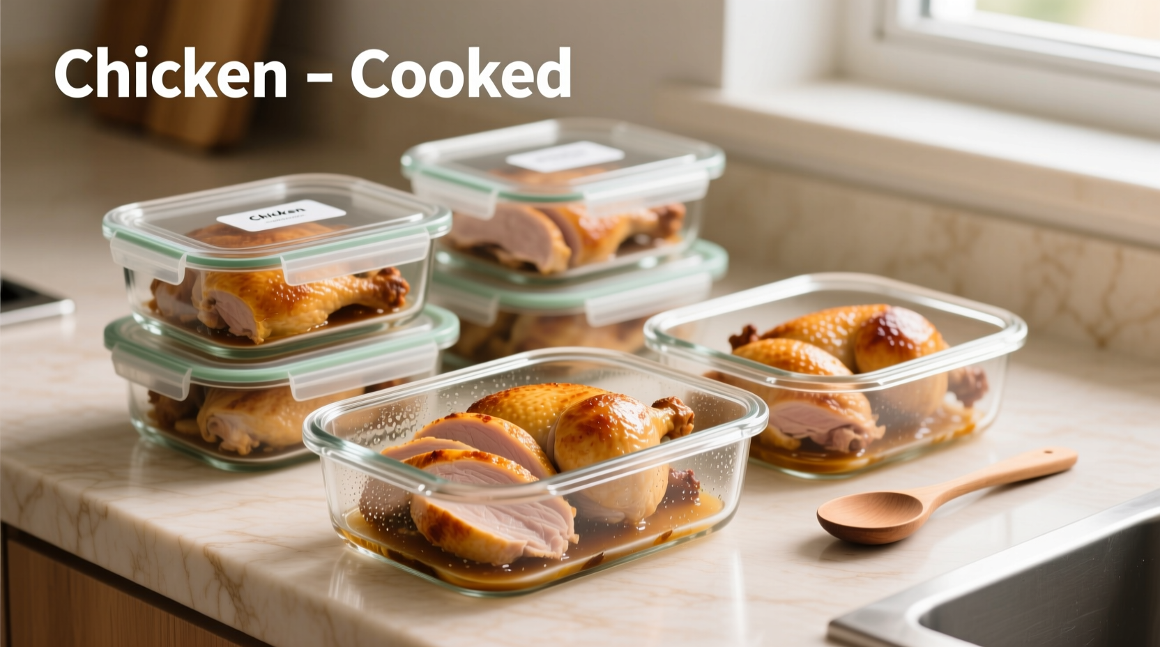 Properly stored cooked chicken in glass containers