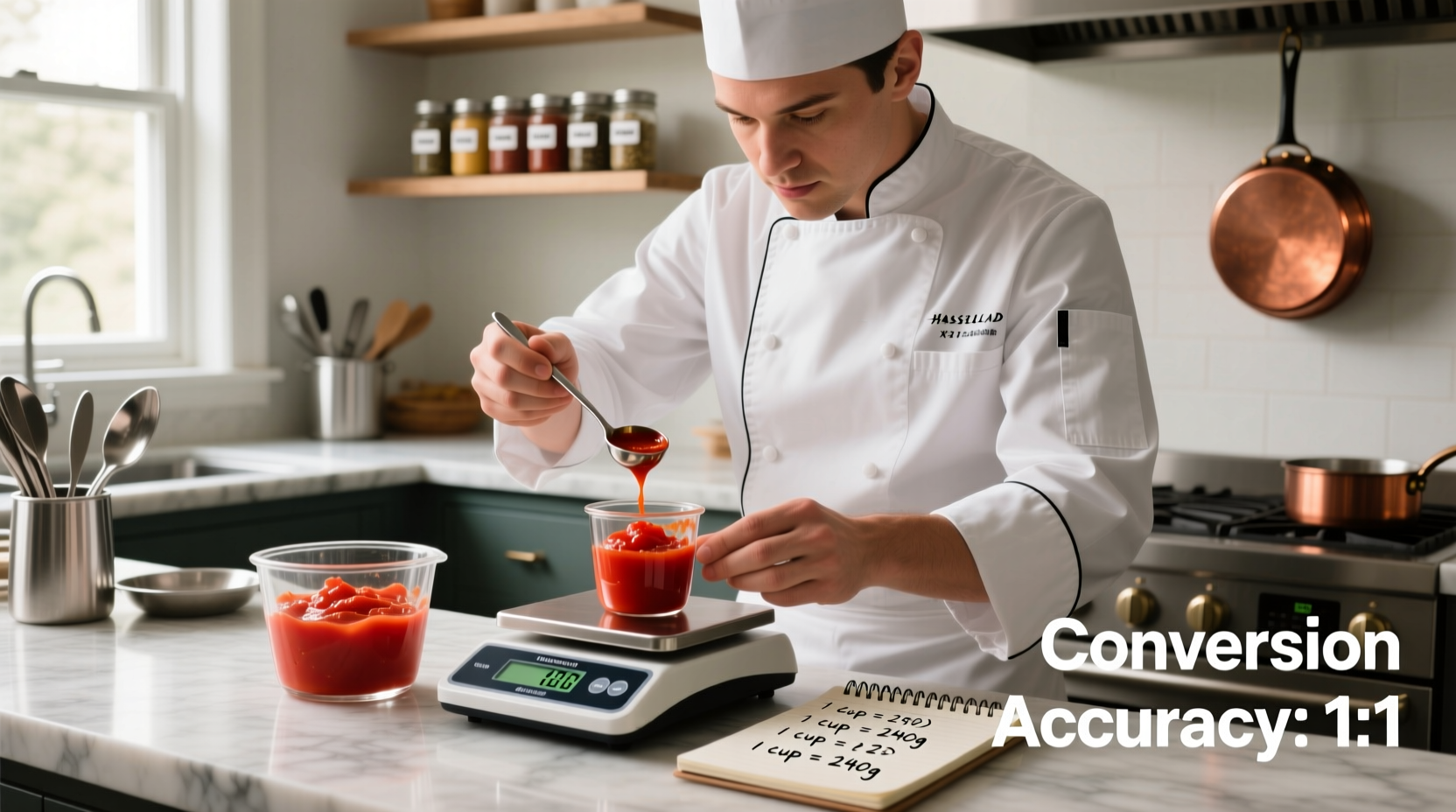 Chef measuring tomato paste conversion process