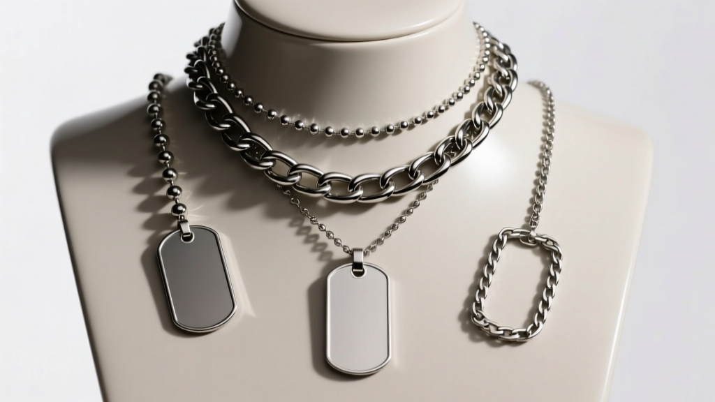 Steel dog tag necklaces on a bust, showing a ball chain, a thick curb chain, and a sleek box chain under bright studio lighting