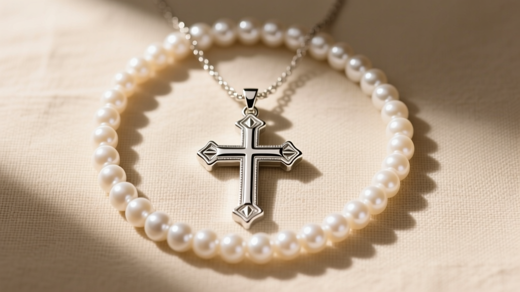 Silver cross pendant layered with a pearl choker on beige linen, top-down flat lay, sharp focus on the cross metal, soft shadows