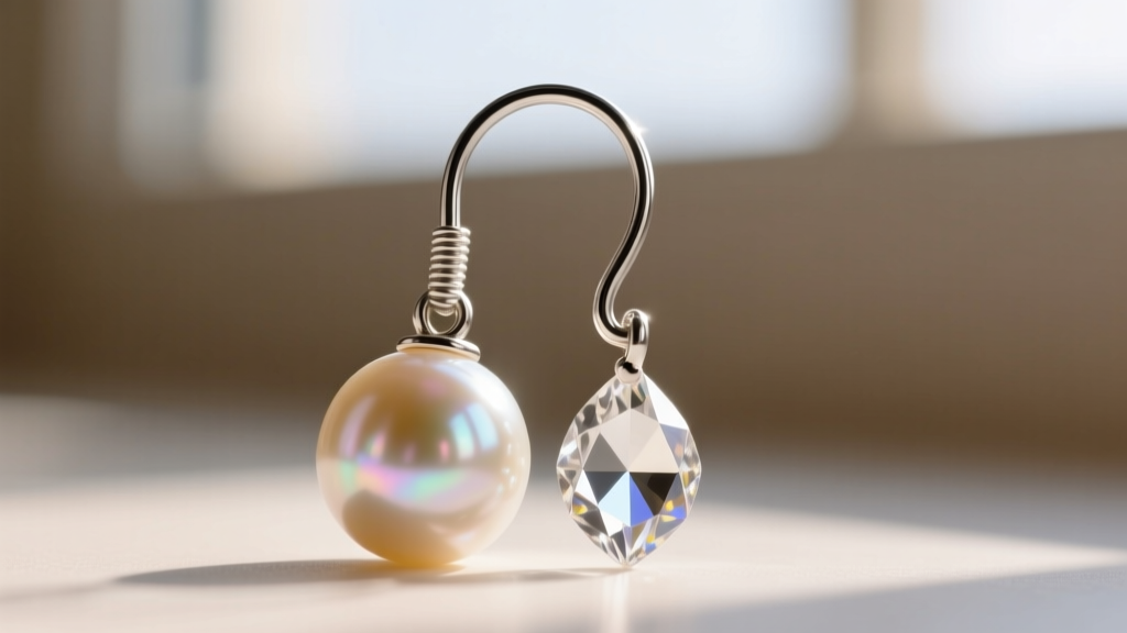 Macro photography of a 20-gauge niobium ear wire looping through a polished freshwater pearl and faceted Preciosa crystal drop