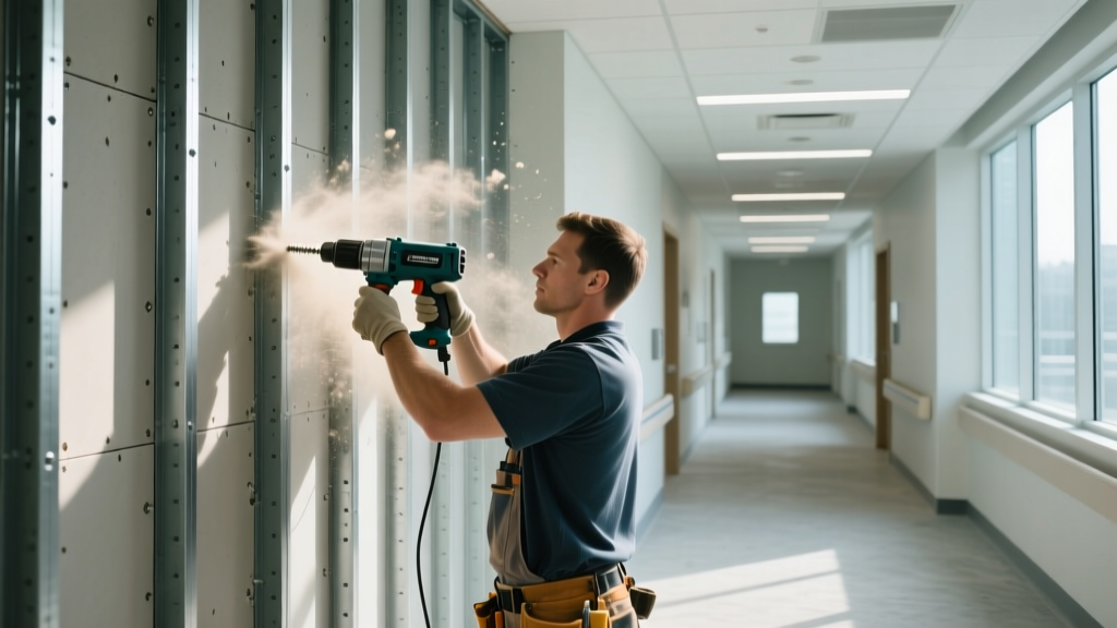 Worker installing impact and moisture resistant gypsum board on steel studs in a commercial hospital corridor using a collated screw gun
