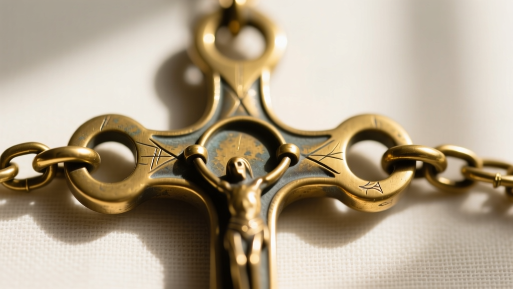 Macro view of a cast brass five-way rosary centerpiece showing reinforced loops and tension points where chain decades meet.