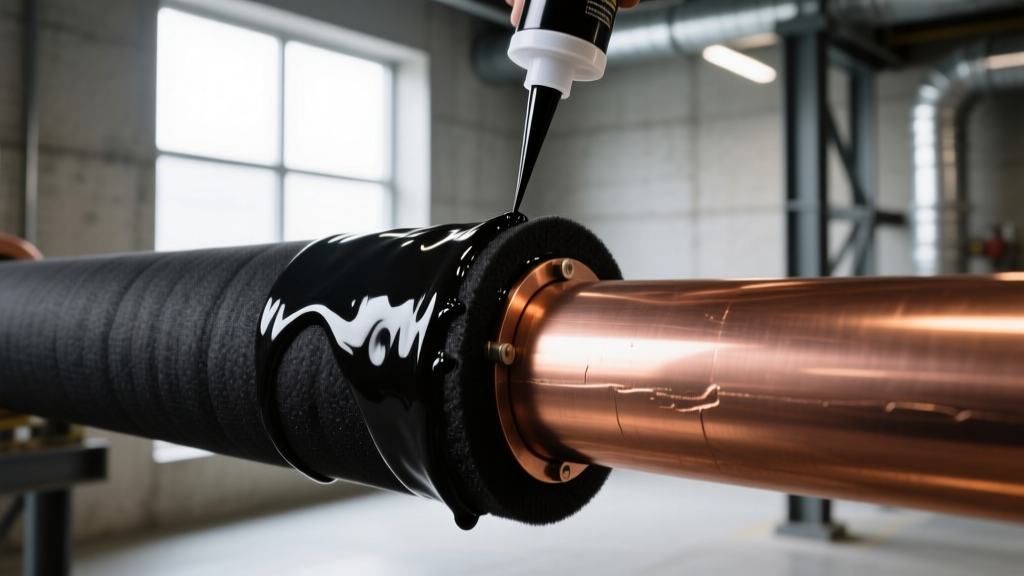 Close-up of black elastomeric foam pipe insulation being sealed with specialized adhesive on a copper refrigerant line in a mechanical room