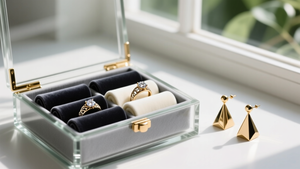 Interior of a glass jewelry box lined with grey Pacific Silvercloth, showing dedicated velvet ring rolls and brass earring posts.