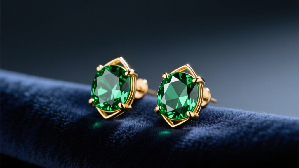 Gold-plated silver anime earrings with faceted green peridot gems, resting on dark velvet fabric under soft studio lighting.