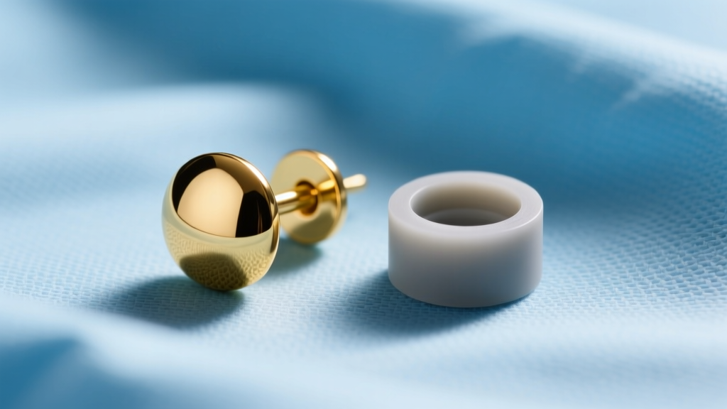 Macro shot comparing a polished 14k gold earring stud next to a matte PTFE plastic retainer on a sterile blue medical drape.