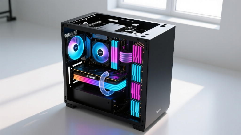Overhead view of a partially assembled matte black PC case with RGB illuminated DDR5 RAM and a large 360mm liquid cooler