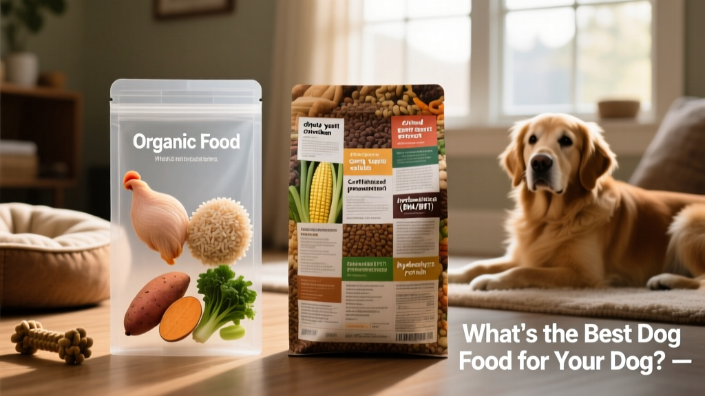 Side-by-side comparison of two dog food ingredient panels: one clean and transparent, one cluttered with fillers and additives