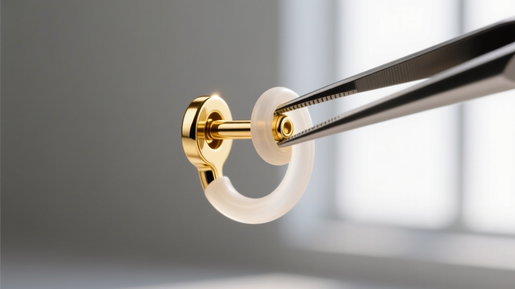 Macro view of a 20-gauge gold earring post being secured with a silicone O-ring friction back using fine-tipped jewelry tweezers.