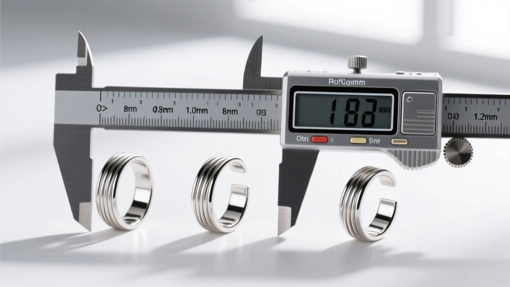 Three spiral ear cuffs on a digital caliper showing 0.8mm, 1.0mm, and 1.2mm wire thickness variations under bright studio light.